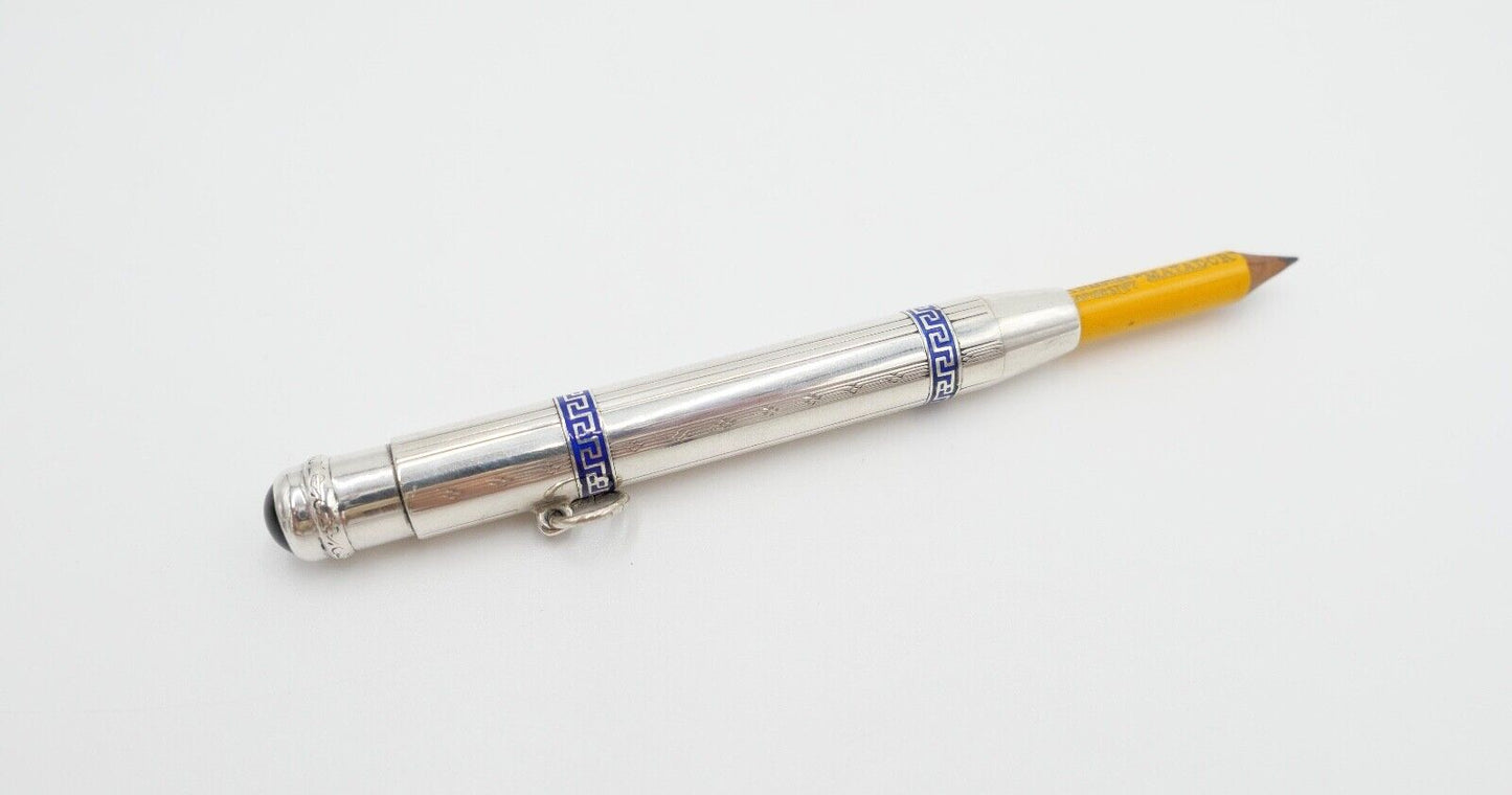 Bleistifthalter Silber 830 mit blauem Mäandermuster blauem Stein im Jugendstil - Antikhandel-Stuttgart