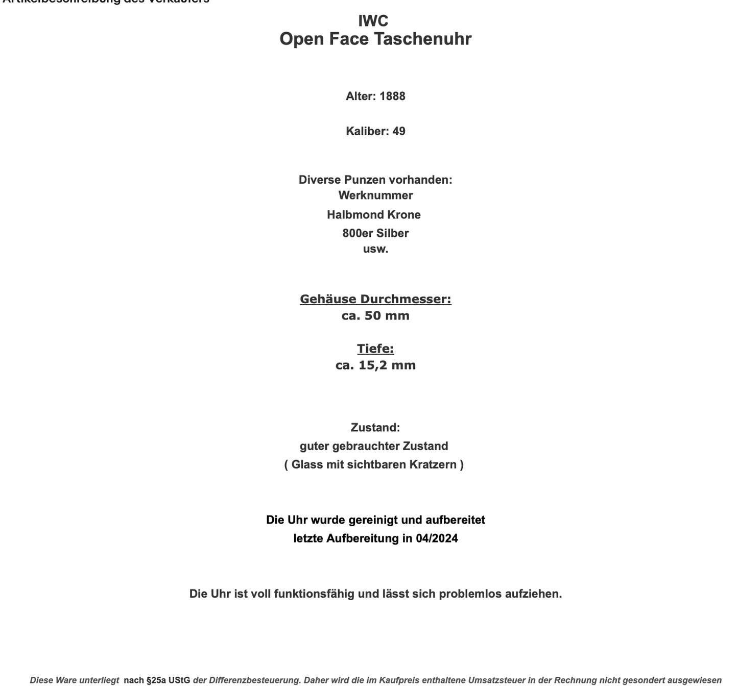 1888 IWC Open Face Kaliber 49 Taschenuhr 800 Silber Ø 50mm - Antikhandel-Stuttgart