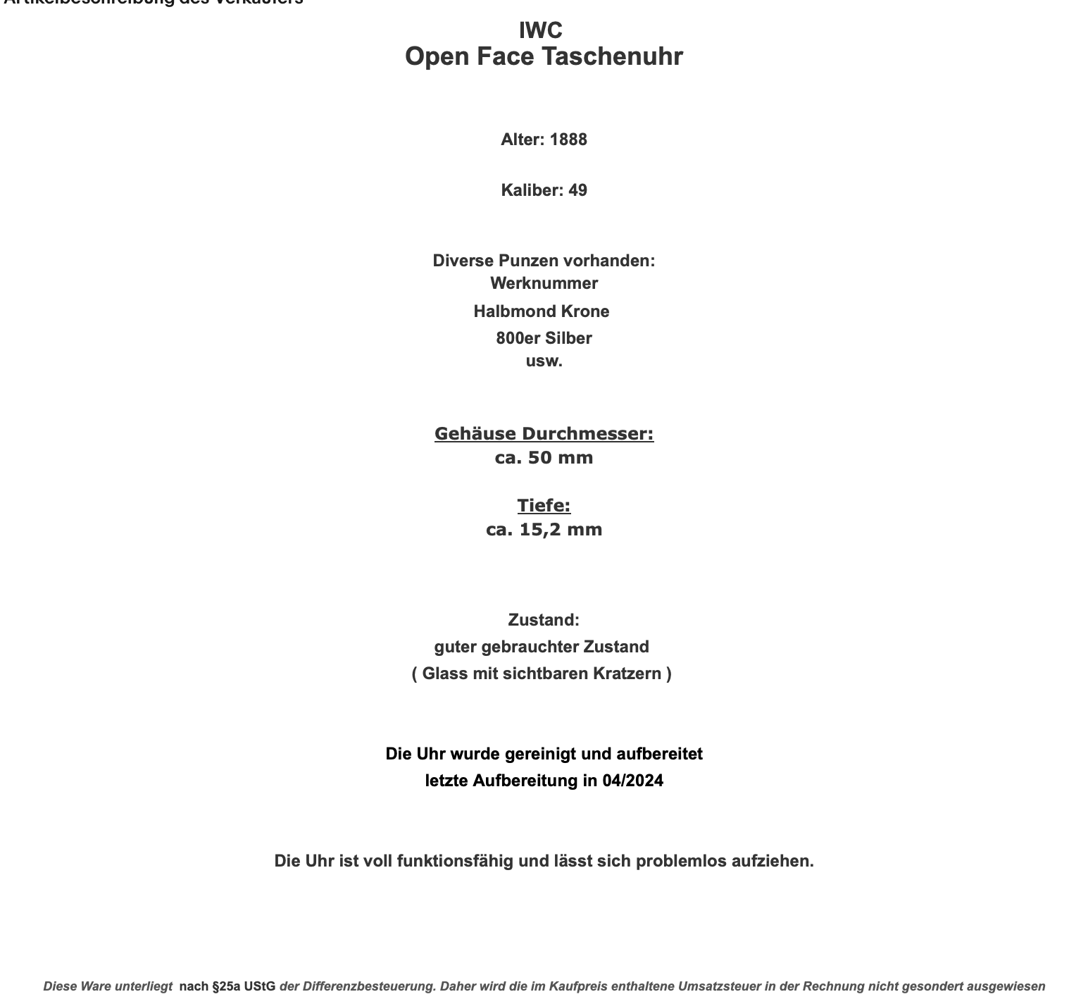 1888 IWC Open Face Kaliber 49 Taschenuhr 800 Silber Ø 50mm - Antikhandel-Stuttgart