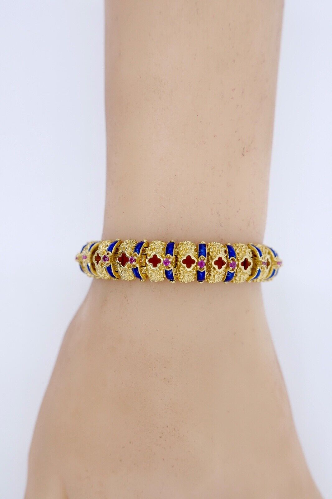 Massives UNOAERRE Gelbgold Armband 750 18K Emaille Rubin 1AR Arezzo Italien 60er - Antikhandel-Stuttgart