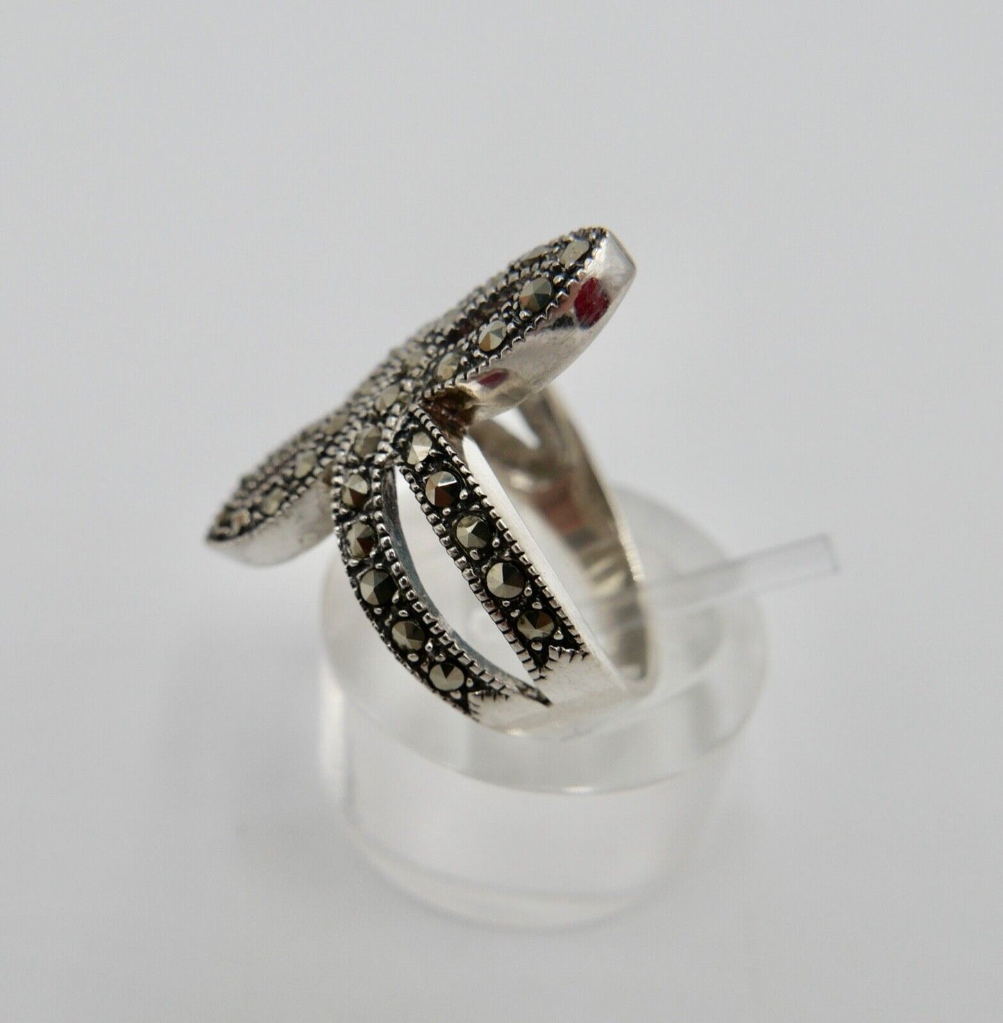 80er Jahre 925 Silberring mit Markasit Gr. 53 in Schleifenform Schleife - Antikhandel-Stuttgart