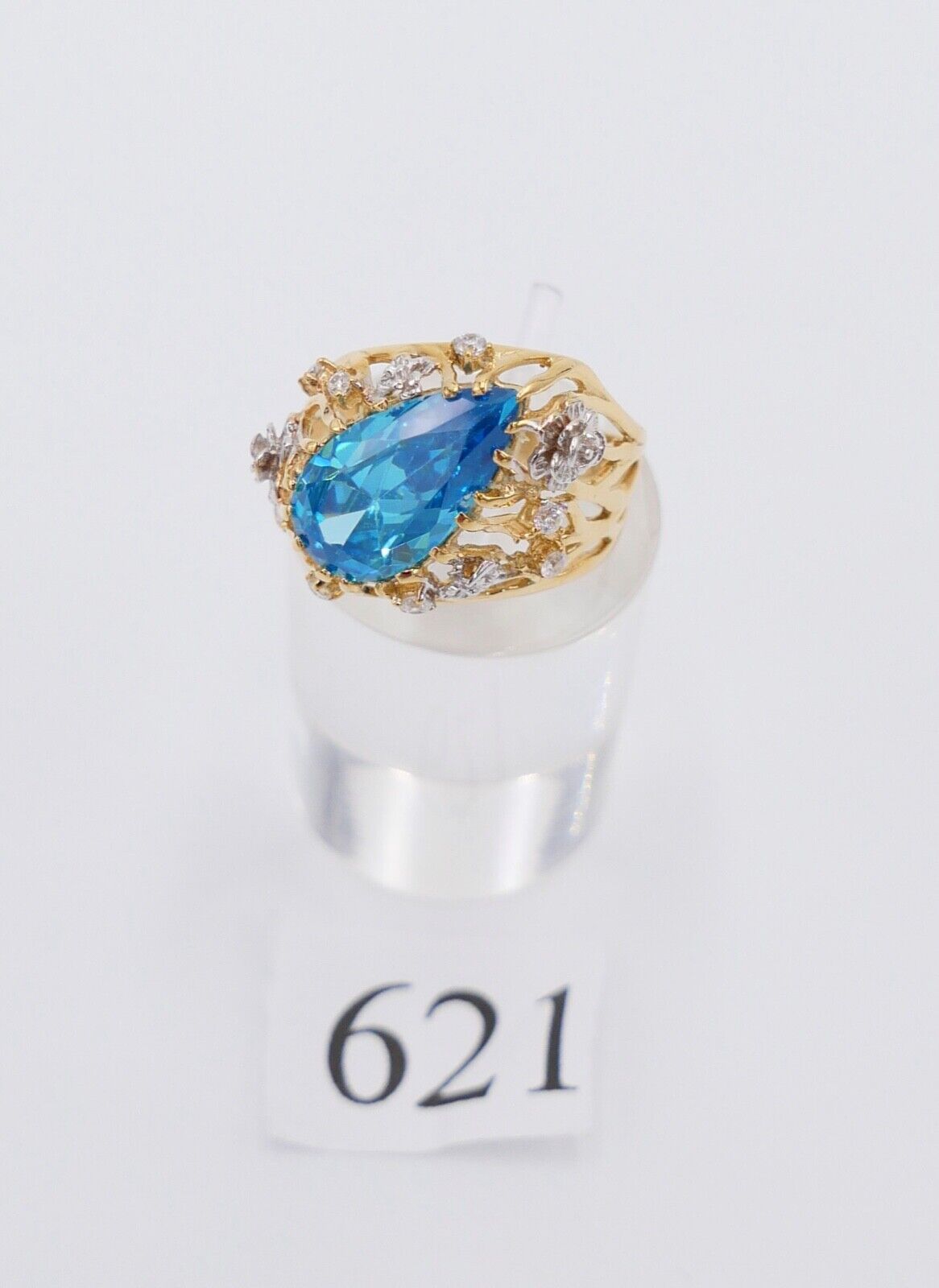 Gelbgold Ring mit Blautopas & Zirkonia 585 14K Gr. 55 im Tropfen Schliff 5,0 Ct - Antikhandel-Stuttgart