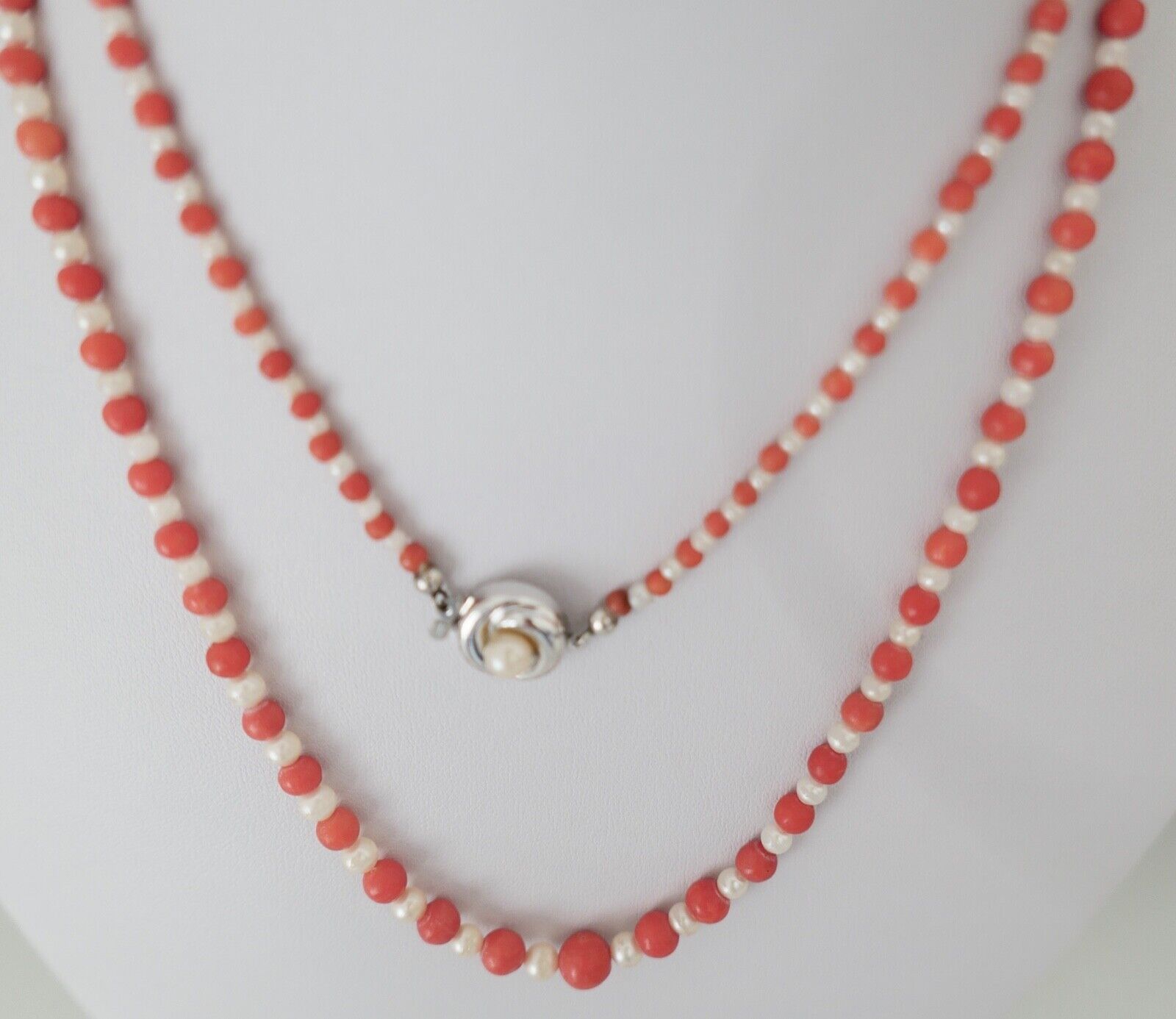 Seltene Korallen / Perlen Mix Kette coral pearl necklace 835 Ø 7,6mm Kugel 83cm - Antikhandel-Stuttgart