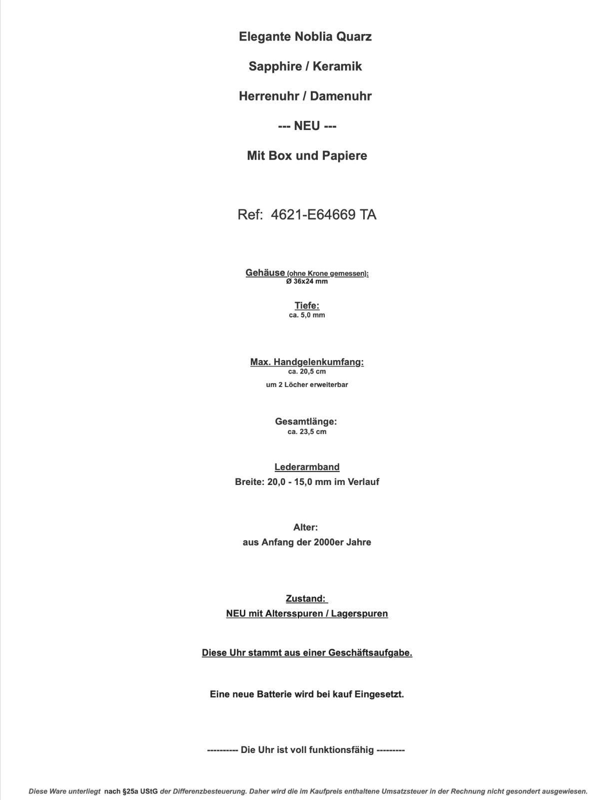 Elegante NOBLIA Damen Herren Uhr Sapphire NEU Box Papiere 4621-E64669TA Keramik - Antikhandel-Stuttgart
