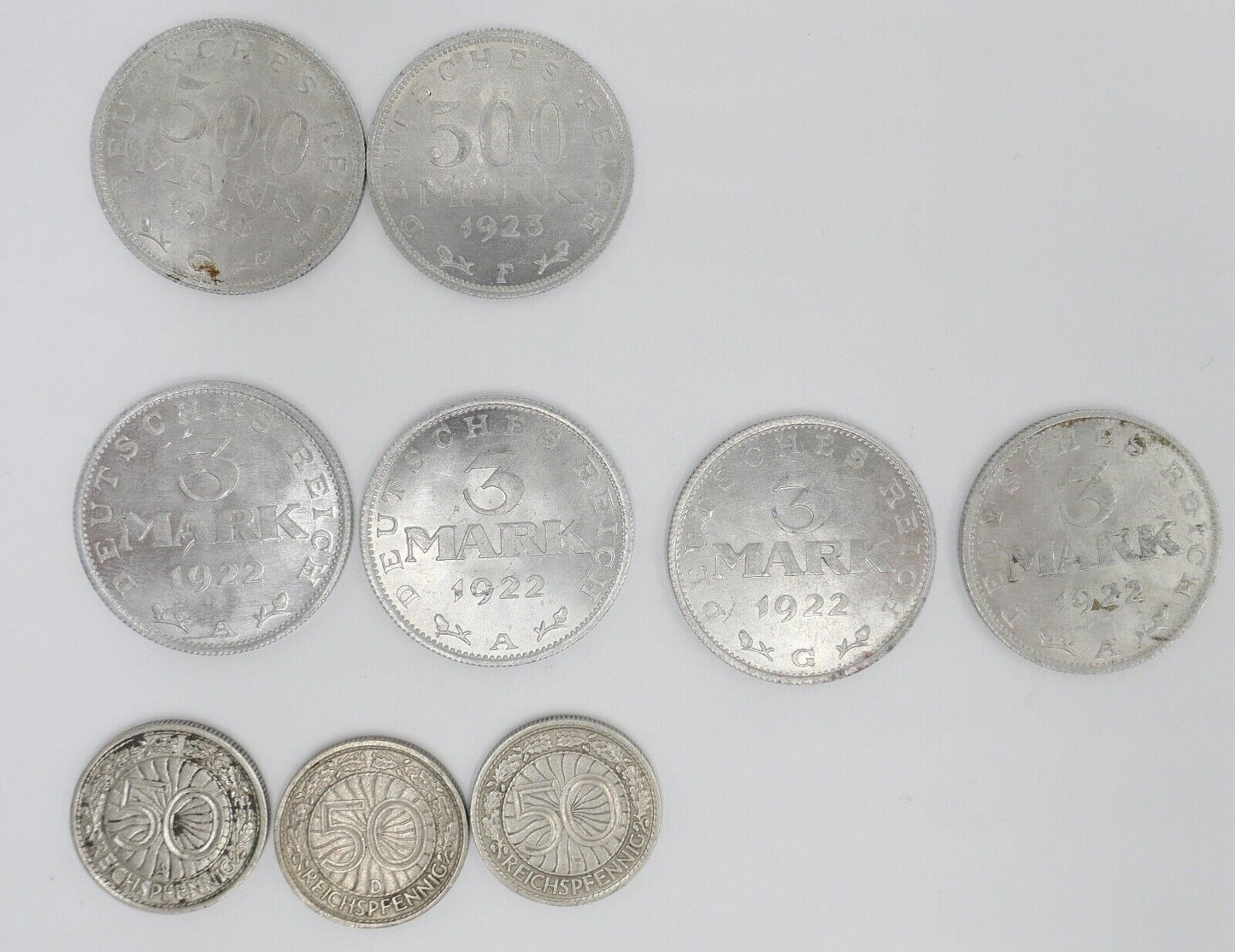 Posten Weimarer Republik 1, 3, 500 Mark 1, 2, 4, 5, 10, 50 Pfennig - Antikhandel-Stuttgart