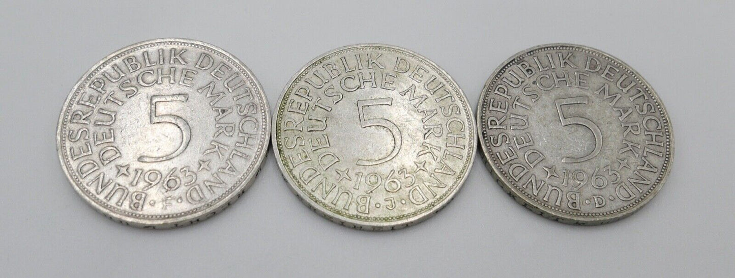 3x 5 DM 1963 J.387 Silbermünzen Silberadler Heiermann D F J - Antikhandel-Stuttgart