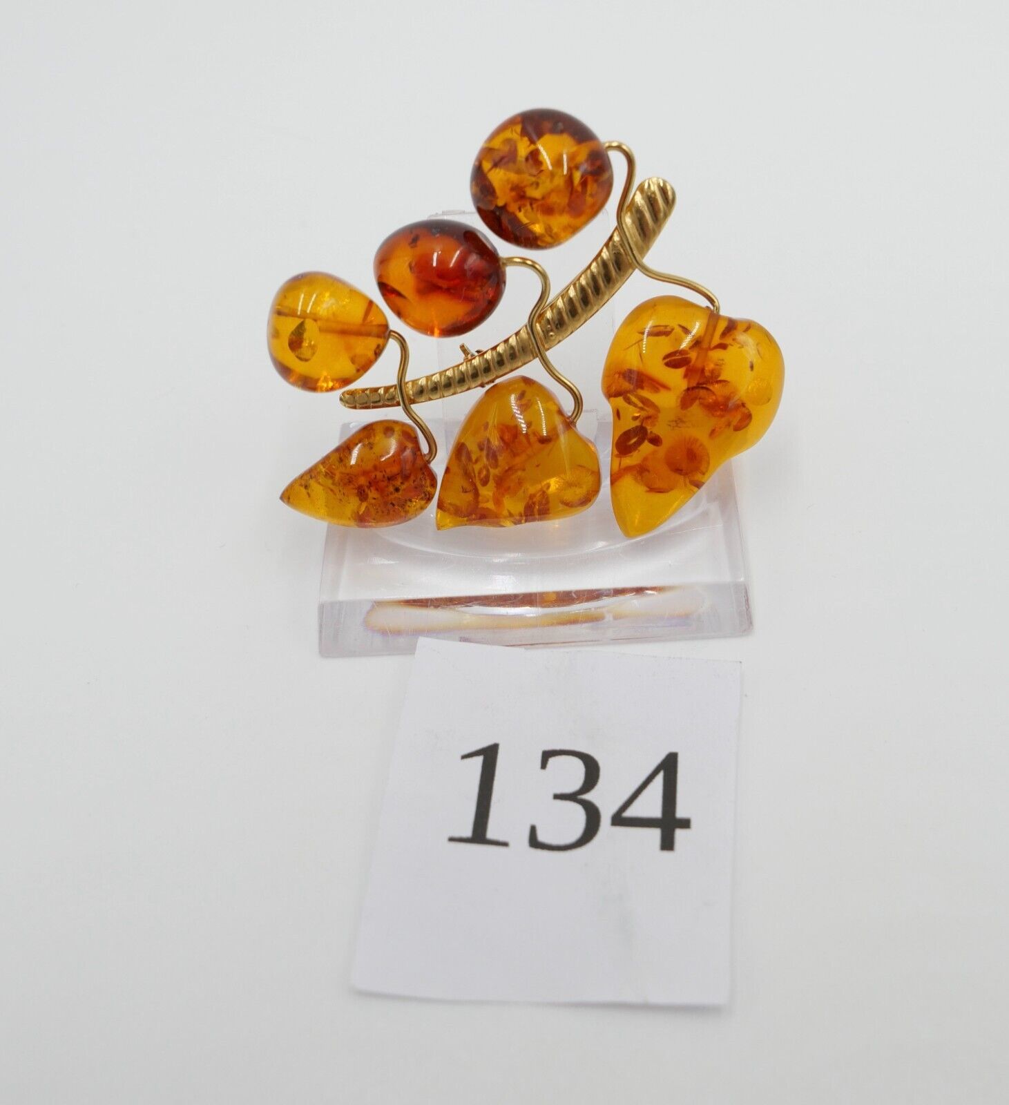 Blatt Bernstein Brosche vergoldet Russische Punze 1RK NEUwertig - Antikhandel-Stuttgart