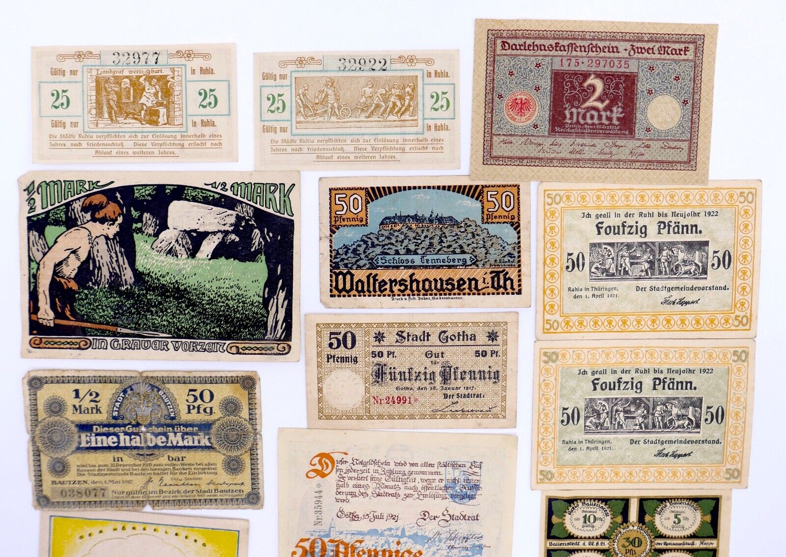 Posten 21 Notgeld Scheine 5 10 25 50 Pfennig 1 2 Mark teilweise UNC unzirkuliert - Antikhandel-Stuttgart