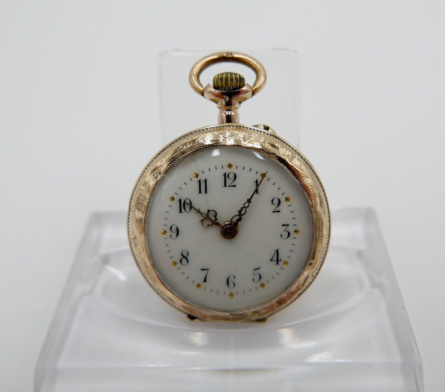 kleine BF Damen Taschenuhr 1930-40er GOLD 585 14K Schweiz Emaille floral 29mm - Antikhandel-Stuttgart