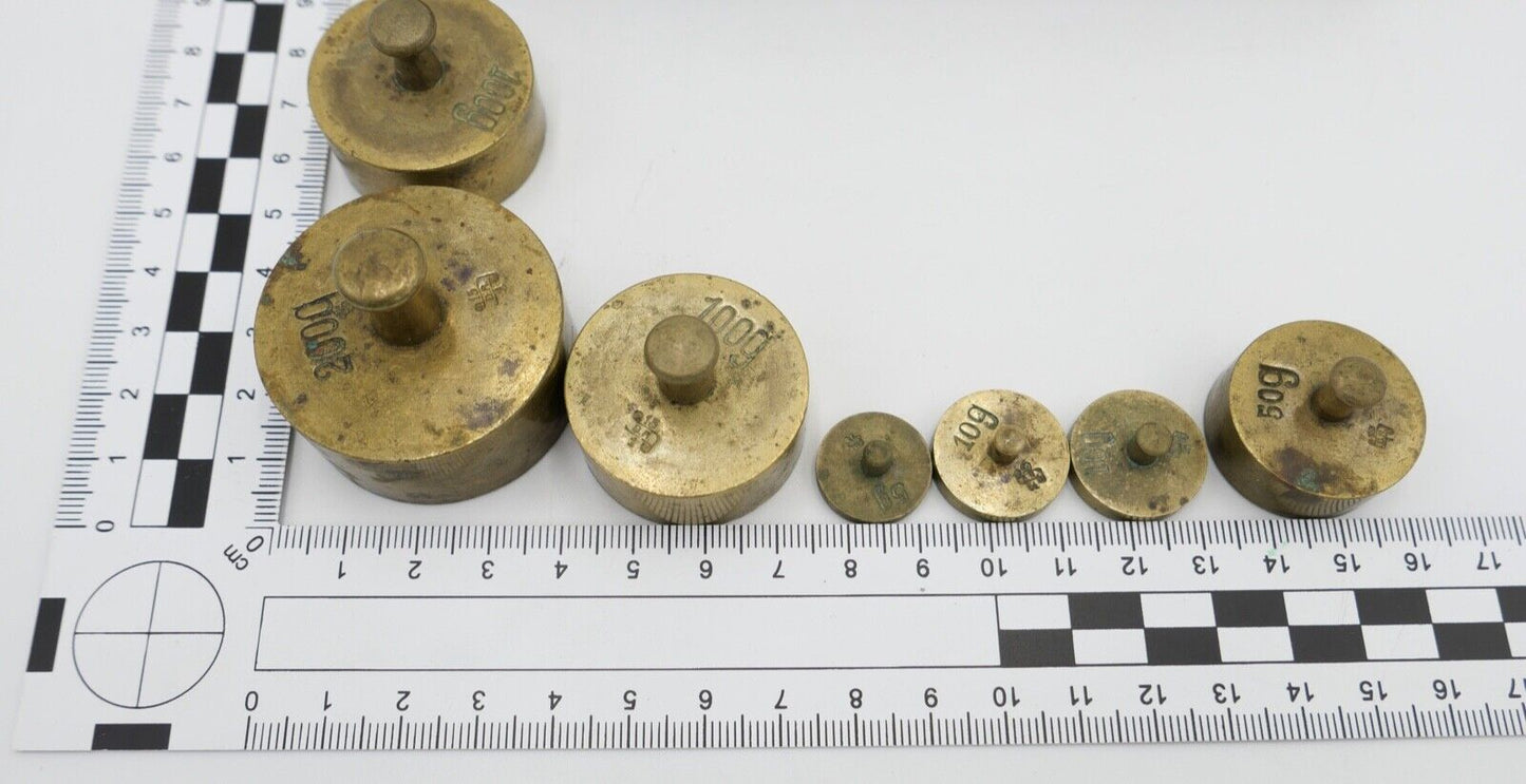 alt alter Messing Gewichtssatz Holzkasten Apothekergewichte Eichstempel 5-200 g - Antikhandel-Stuttgart