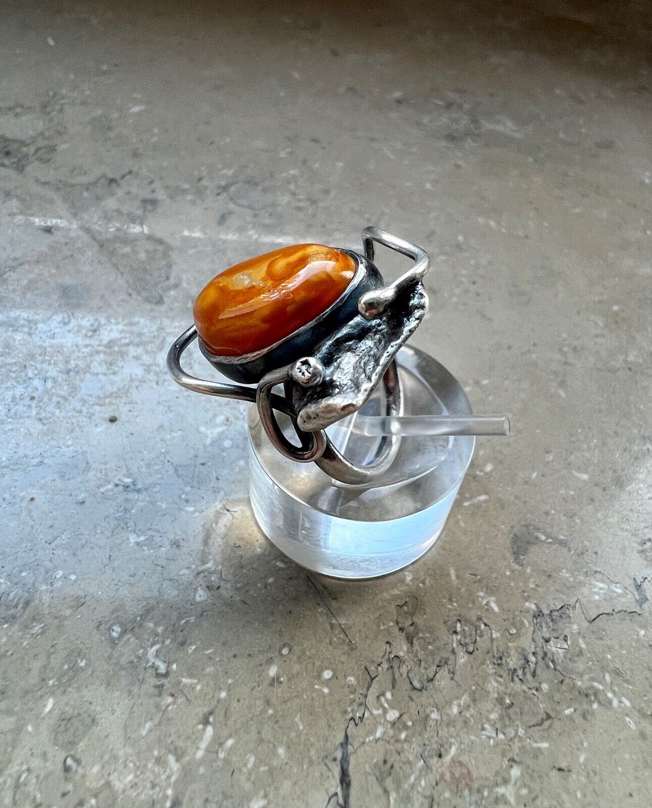 Bernstein butterscotch Designer 925 G Silber Ring Gr. 51 Frauenkopf Danzig Polen - Antikhandel-Stuttgart