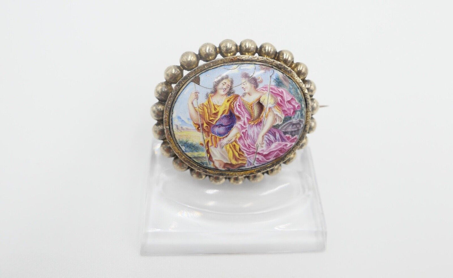 antike Brosche aus dem 19. Jh Silber vergoldet Emaille Barock Szene - Antikhandel-Stuttgart