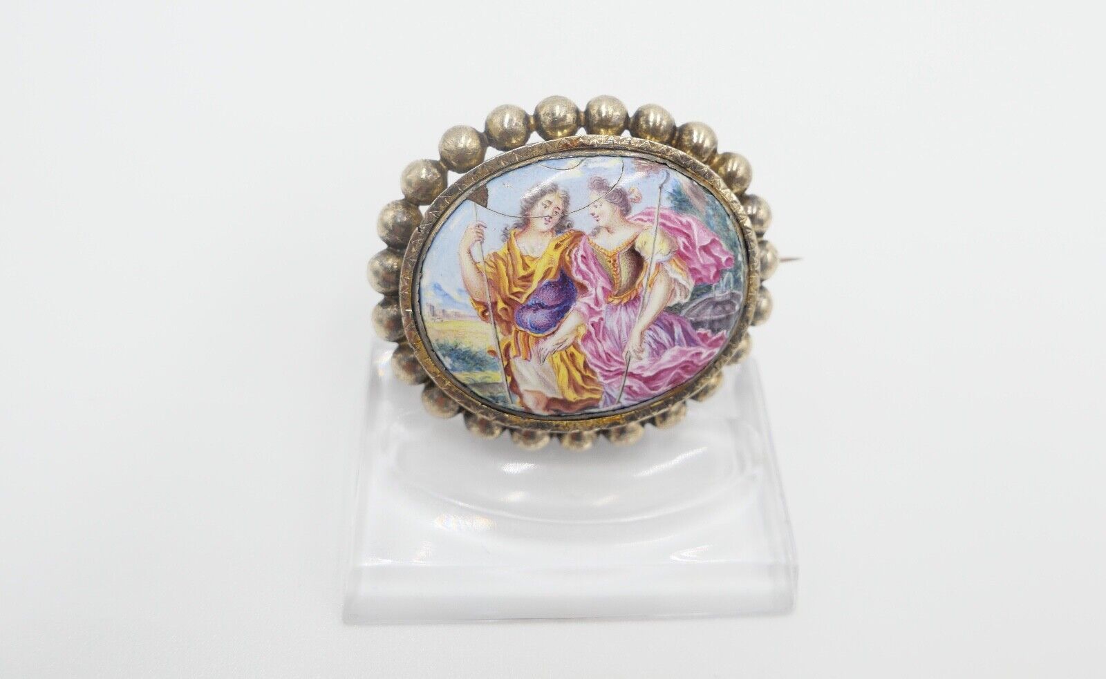 antike Brosche aus dem 19. Jh Silber vergoldet Emaille Barock Szene - Antikhandel-Stuttgart