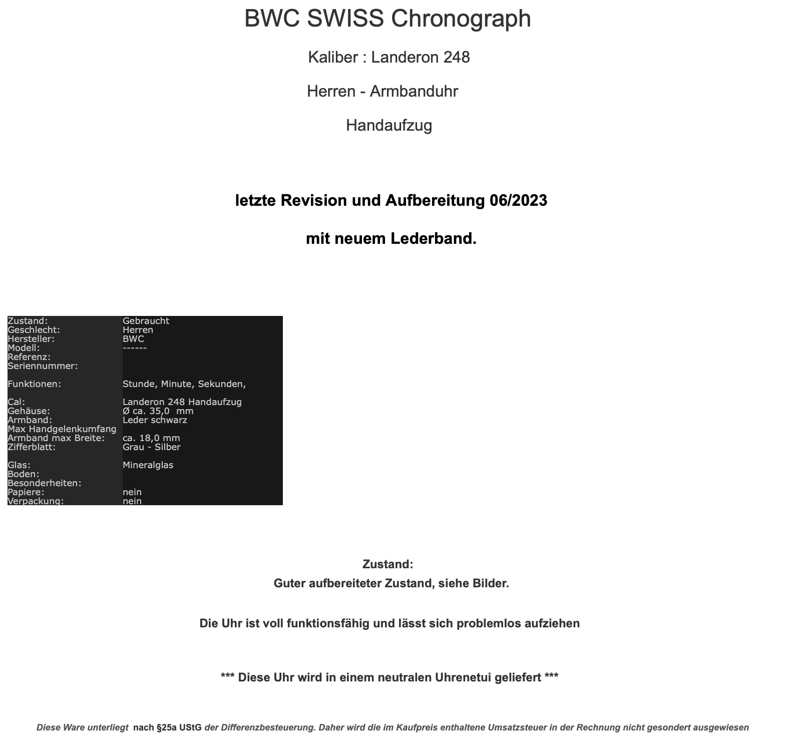 BWC SWISS Chronograph Cal. Landeron 248 Herren Armbanduhr Handaufzug Ø 35mm - Antikhandel-Stuttgart