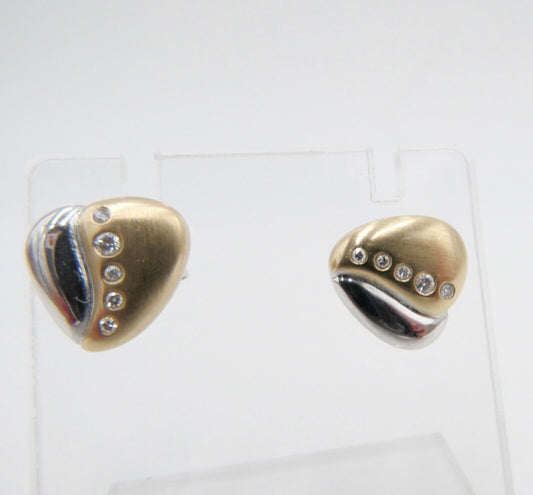 80er Jahre Bicolor Brillanten Gold Weißgold Ohrringe Ohrstecker Herz 585 - Antikhandel-Stuttgart