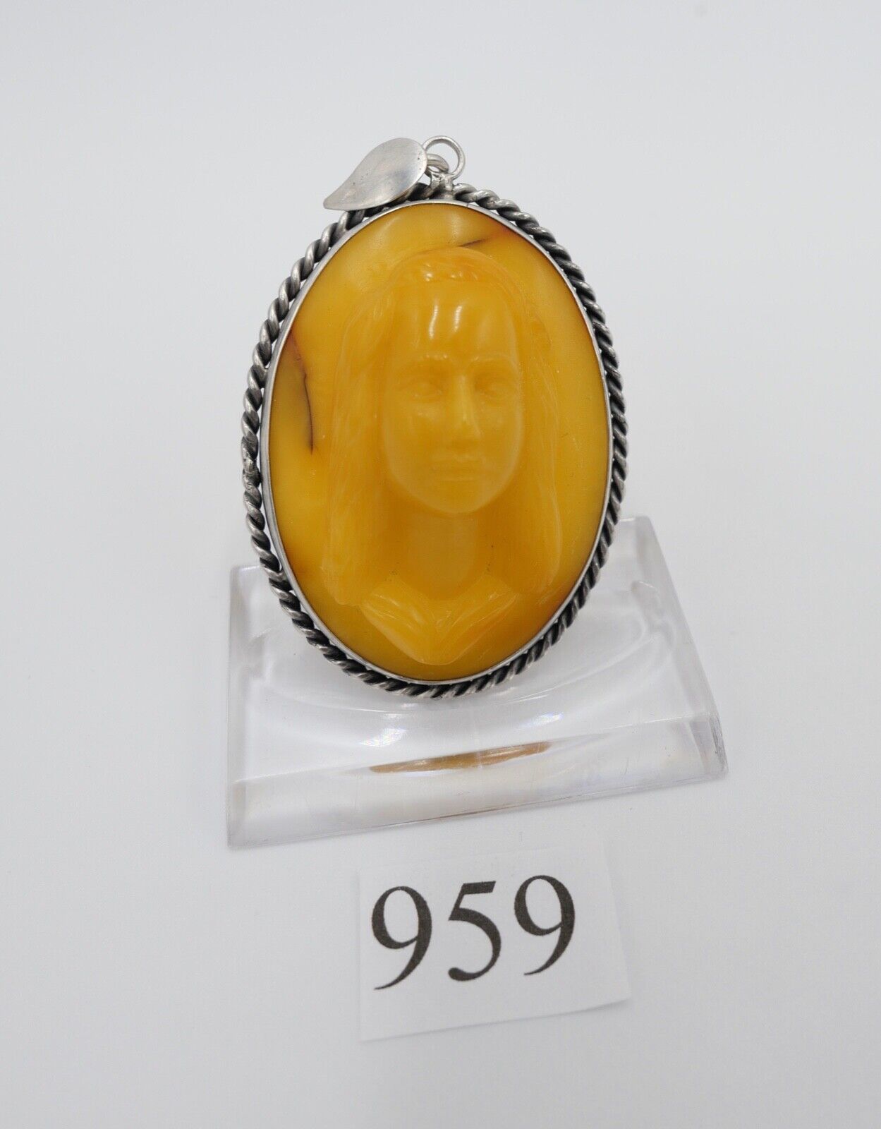 vintage alt Anhänger Silber Bernstein Butterscotch Relief Frauenkopf Amber - Antikhandel-Stuttgart