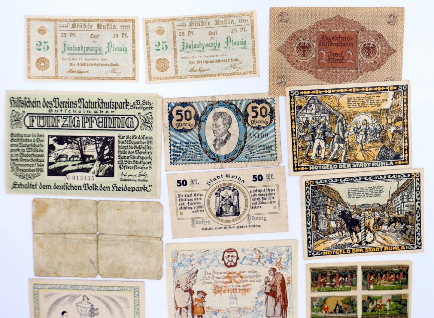 Posten 21 Notgeld Scheine 5 10 25 50 Pfennig 1 2 Mark teilweise UNC unzirkuliert - Antikhandel-Stuttgart