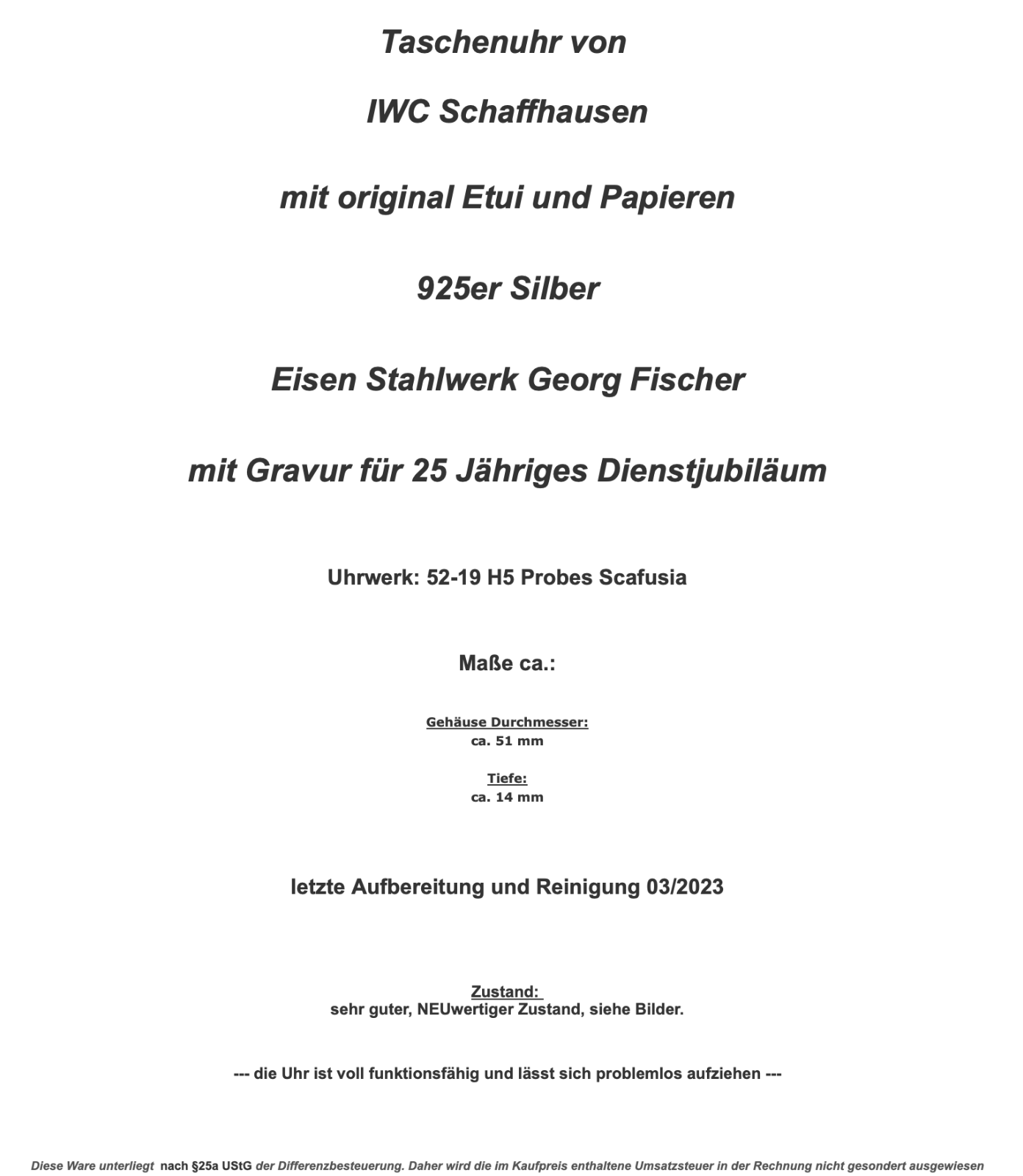 IWC Schaffhausen Taschenuhr Ø 51 mm Silber 925 52-19 H5 Probes Scafusia aus 1925 - Antikhandel-Stuttgart