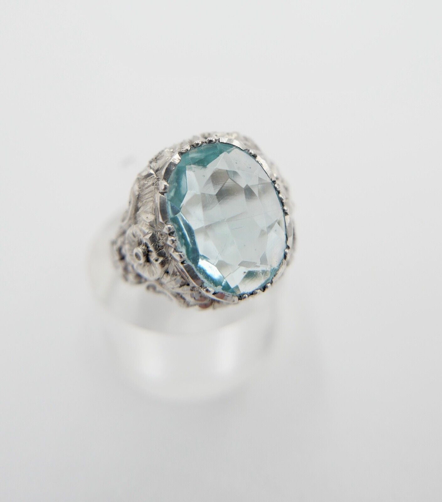 JUGENDSTIL Damenring 835 Silber Gr. 57 floral Glasstein Türkis Blau - Antikhandel-Stuttgart