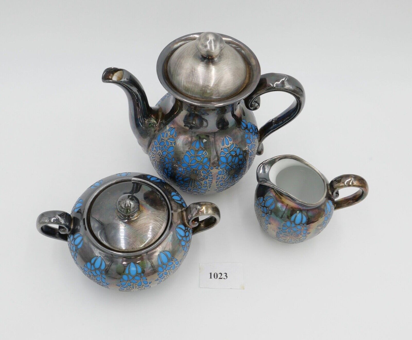 20er 30er Jahre ROSENTHAL Kaffe / Mokka Service versilbert Durchbruchmuster blau - Antikhandel-Stuttgart