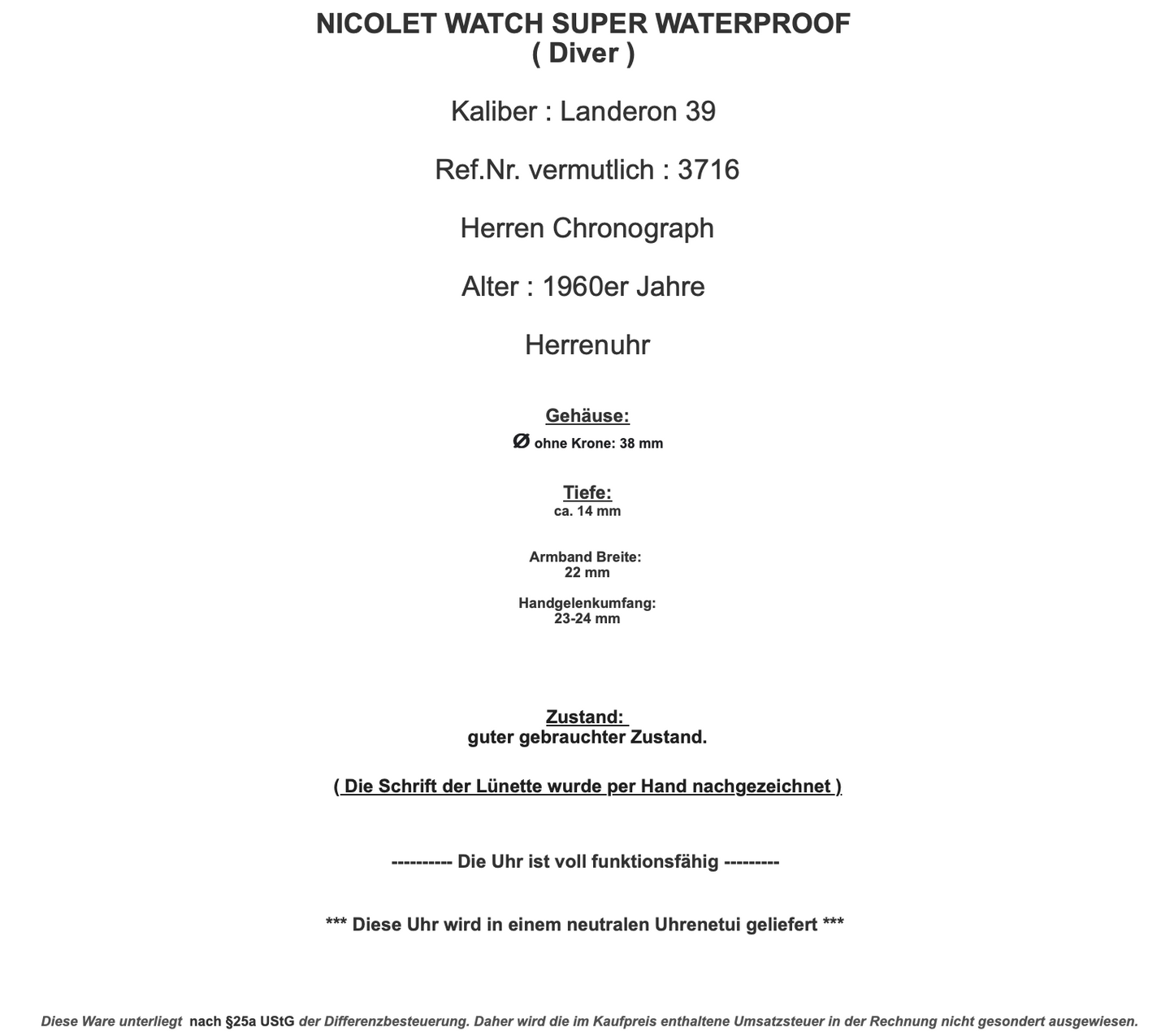 NICOLET WATCH SUPER WATERPROOF Landeron 39 Diver Chronograph 1960er Jahre 38mm - Antikhandel-Stuttgart
