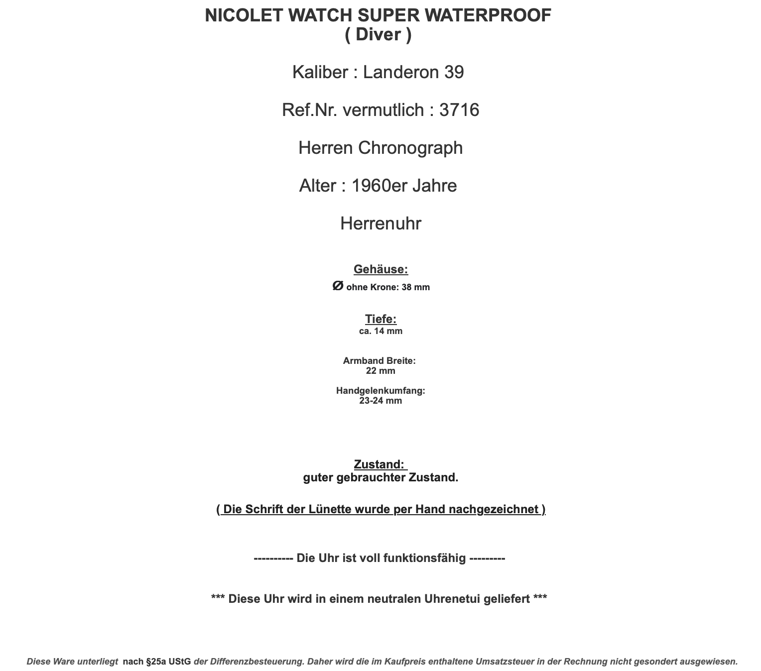 NICOLET WATCH SUPER WATERPROOF Landeron 39 Diver Chronograph 1960er Jahre 38mm - Antikhandel-Stuttgart