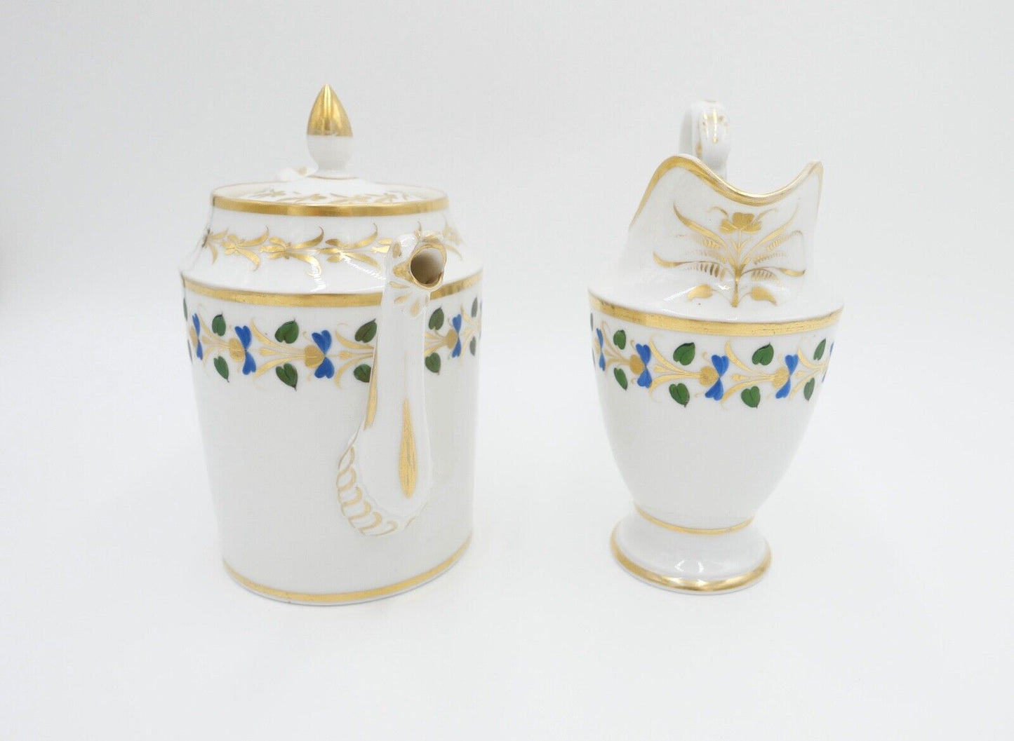 um 1830 antik Biedermeier Porzellan Kaffee & Milchkanne Schwanenhals Goldrand - Antikhandel-Stuttgart