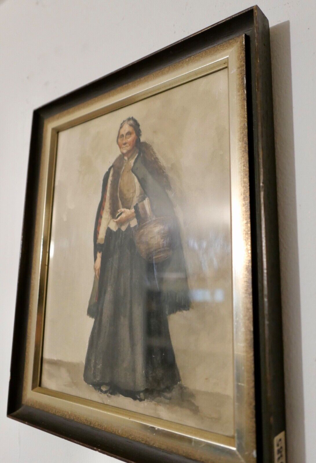 Altes Aquarell Portrait Gemälde Rahmen FRAU MIT KORB 36x30 cm - Antikhandel-Stuttgart