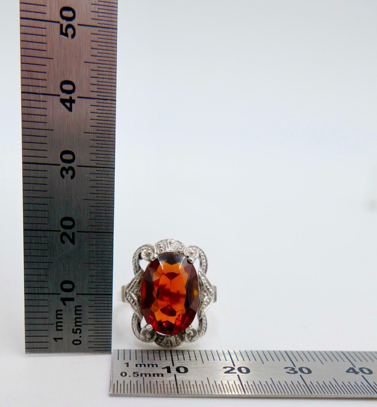 ART DECO Damenring Ring Silber 835 großer ovaler rot brauner Glasstein Gr. 53 - Antikhandel-Stuttgart