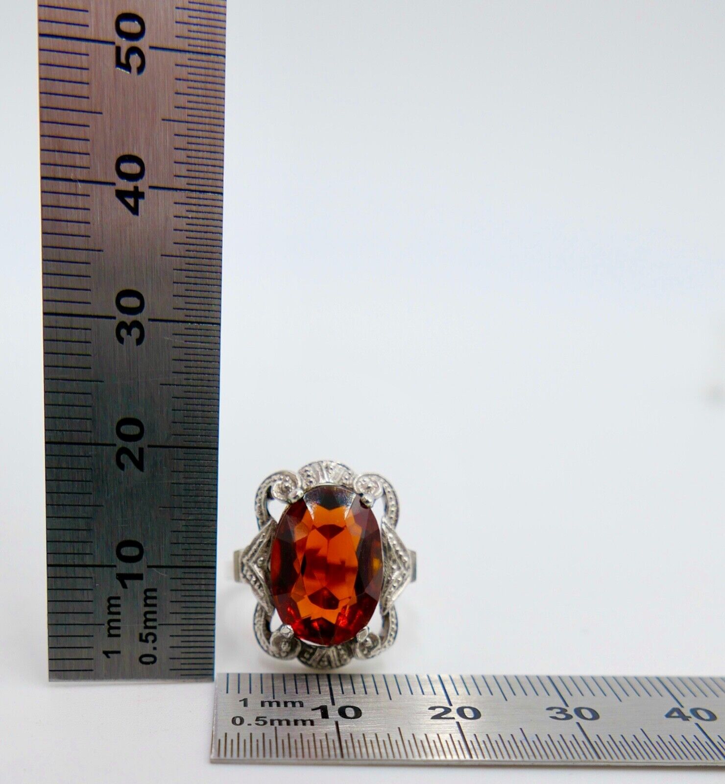 ART DECO Damenring Ring Silber 835 großer ovaler rot brauner Glasstein Gr. 53 - Antikhandel-Stuttgart
