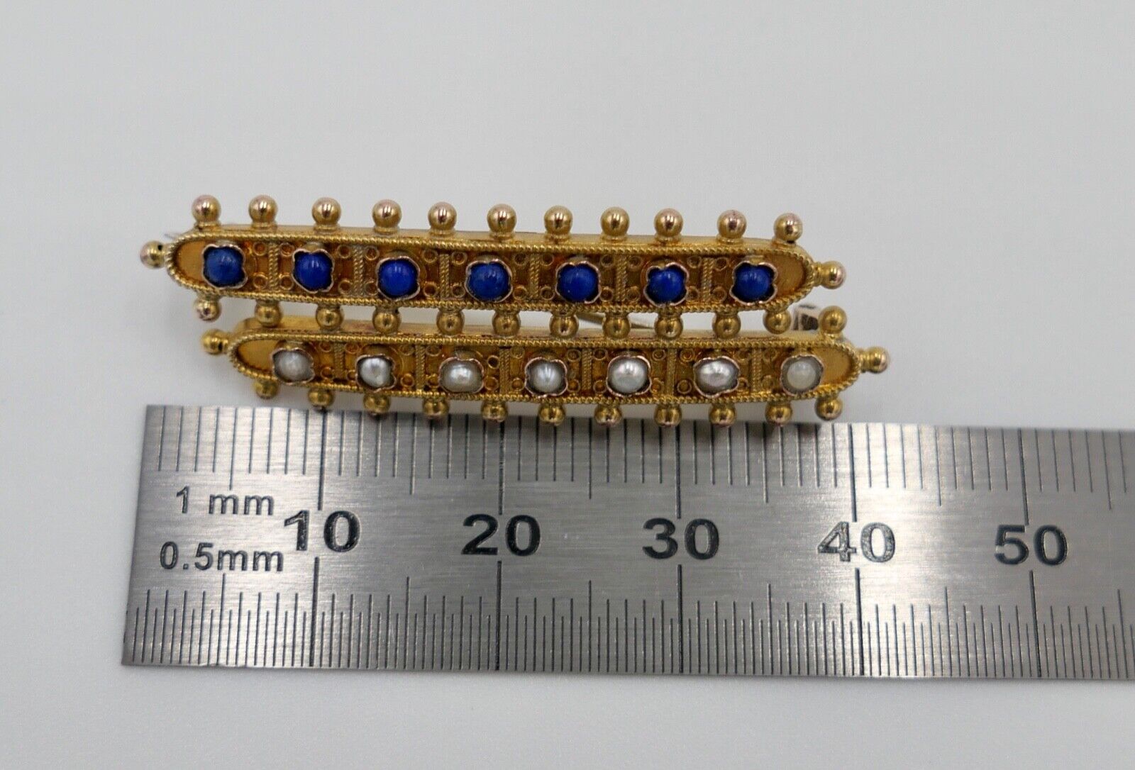 Antike 585 14K Gold Brosche Anstecknadel mit 7 Saatperlen 7 Lapis Lazuli - Antikhandel-Stuttgart