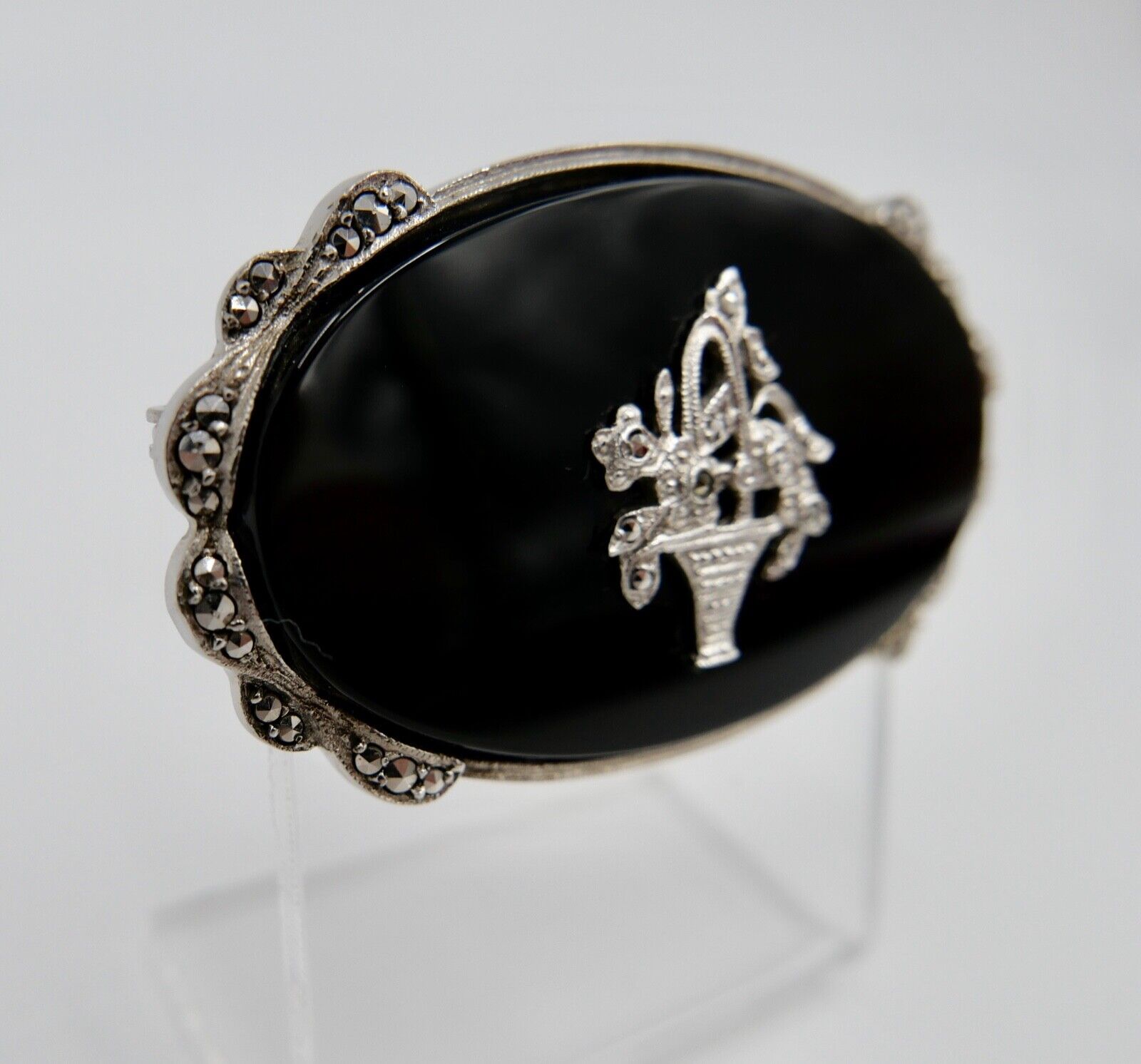 Seltene florale ONYX Markasiten 925 Silber Brosche CNP Ø 53 mm - Antikhandel-Stuttgart