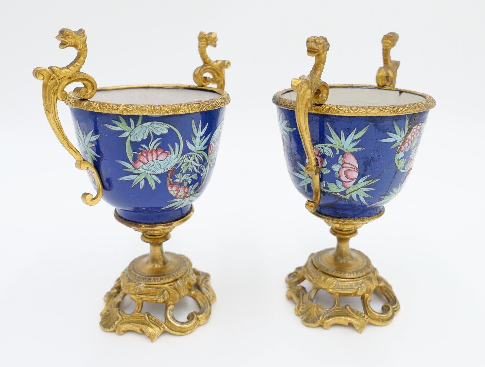 antik Mitte 19. Jhd 2x Kelch Becher Pokal feuervergoldet handbemalt Krakelee - Antikhandel-Stuttgart