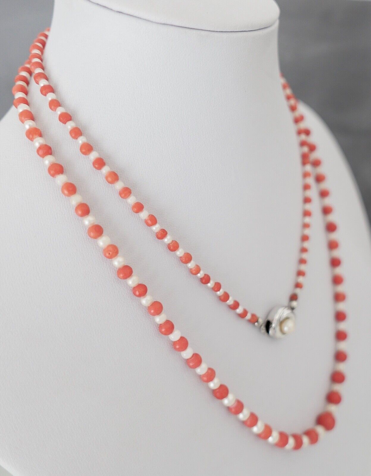 Seltene Korallen / Perlen Mix Kette coral pearl necklace 835 Ø 7,6mm Kugel 83cm - Antikhandel-Stuttgart