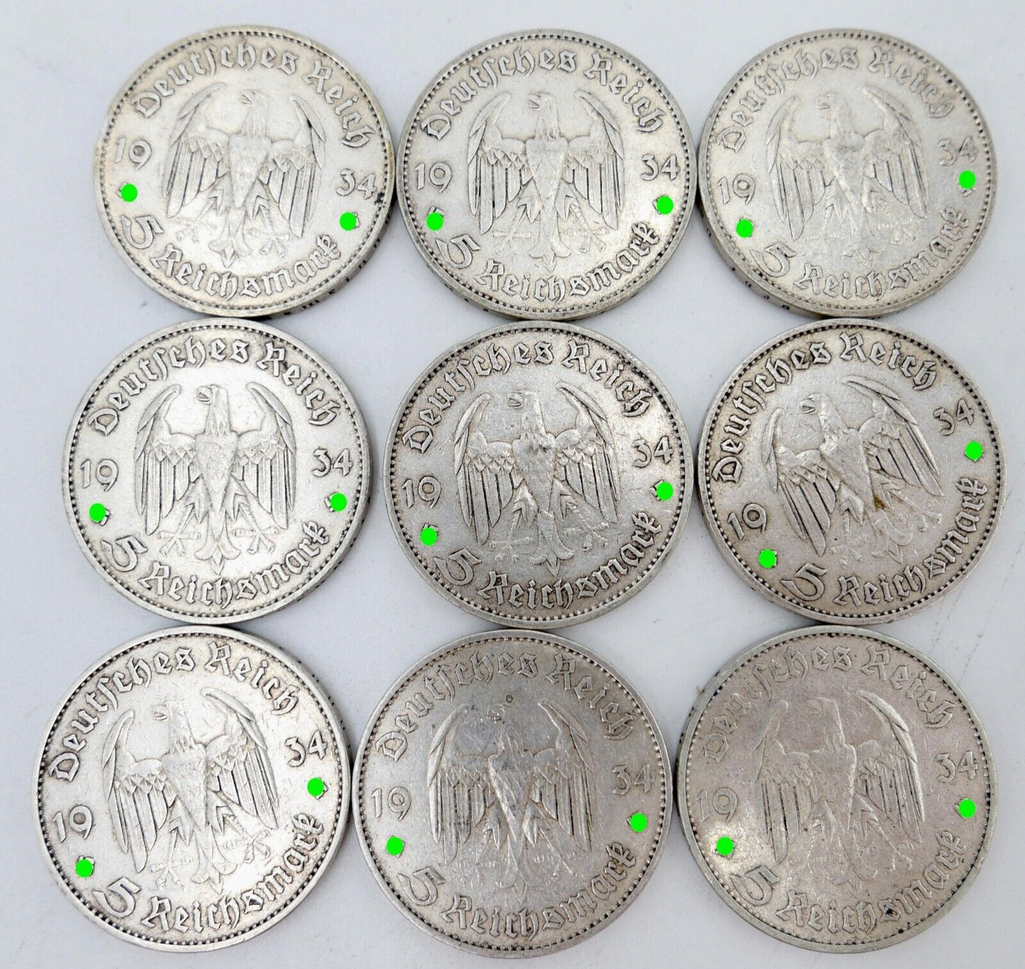 9x 5 Reichsmark 900 Silbermünzen J. 356 Garnisonskirche Datum 1934 aus Münzrolle - Antikhandel-Stuttgart