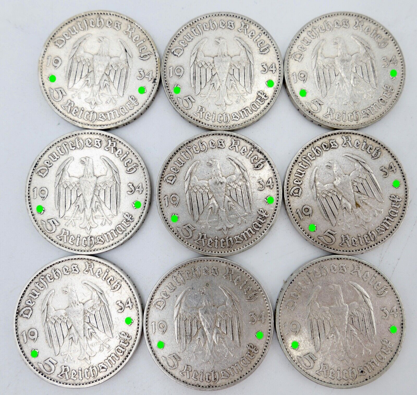 9x 5 Reichsmark 900 Silbermünzen J. 356 Garnisonskirche Datum 1934 aus Münzrolle - Antikhandel-Stuttgart