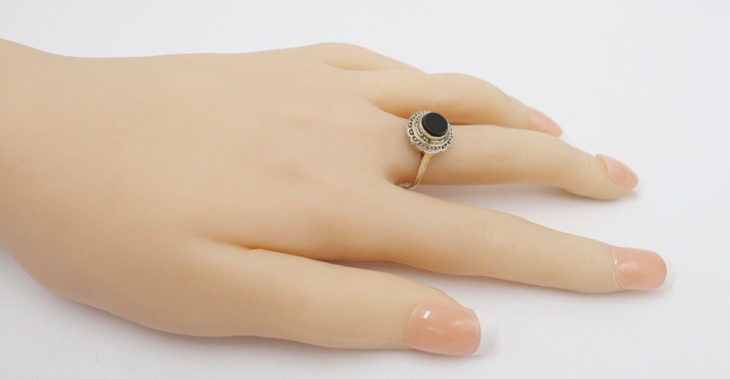 80er Jahre 835 Silberring mit Onyx Gr. 55 vintage leicht vergoldet - Antikhandel-Stuttgart