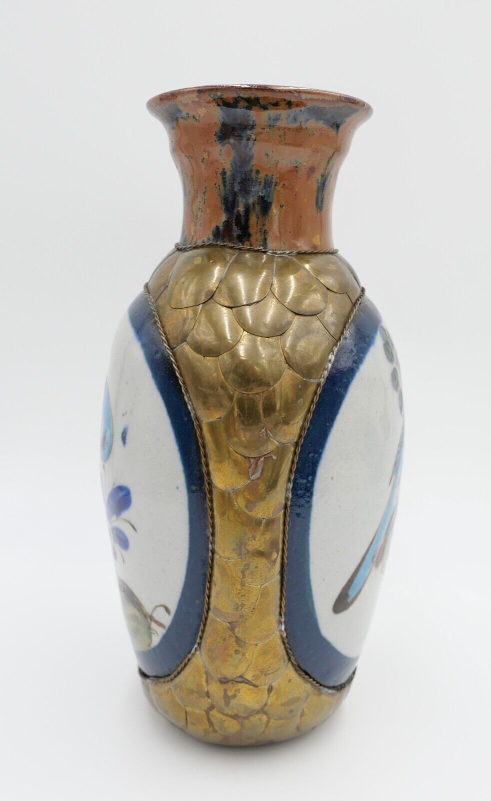 vintage unikat handbemalte Vase Messing Ton Stein Blumen Vögel Taube H: 25,7 cm - Antikhandel-Stuttgart