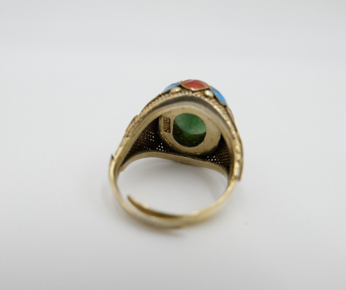 60er Jahre Silber Ring vergoldet Emaille Jade Cabochon Gr. 55 China Silver - Antikhandel-Stuttgart