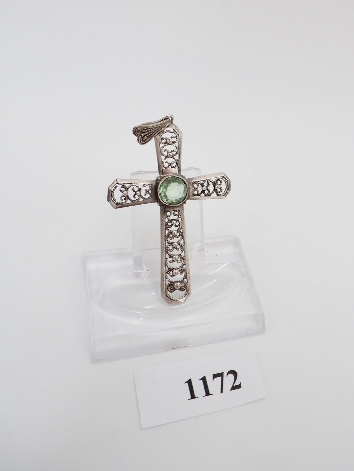 vintage alter filigraner Kreuz Anhänger mit grünem Glasstein 835 Silber 62,0 mm - Antikhandel-Stuttgart
