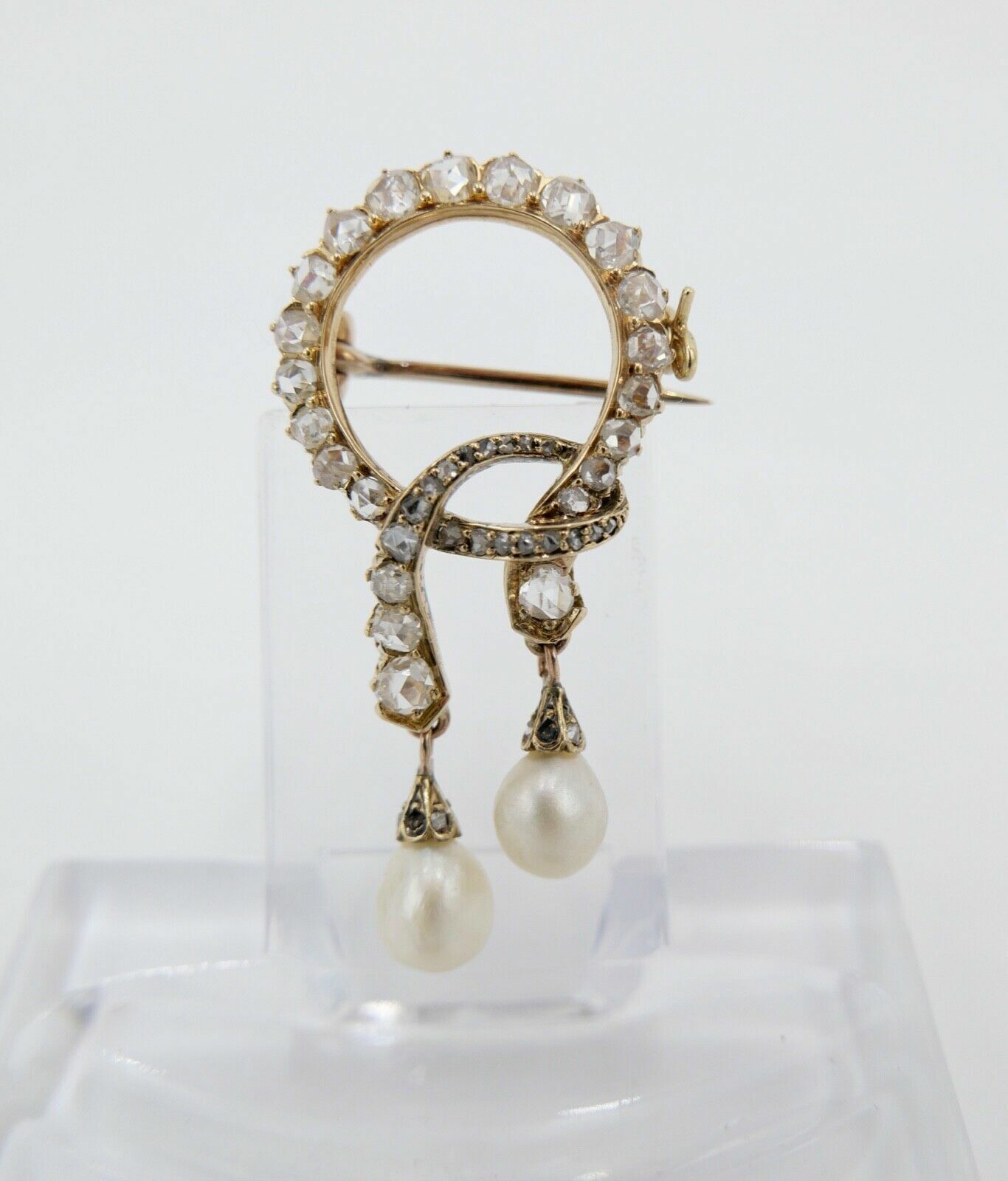 Antike um 1850 Gold Diamant Perle Schleifen Brosche 2,3Ct 585 14K Rosenschliff - Antikhandel-Stuttgart