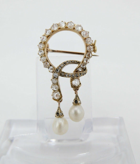 Antike um 1850 Gold Diamant Perle Schleifen Brosche 2,3Ct 585 14K Rosenschliff - Antikhandel-Stuttgart