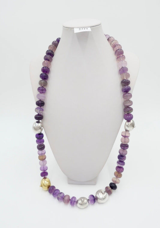 Amethyst Kette Collier 925 Silber & 750 Gold Elementen 90 cm Magnet Verschluss - Antikhandel-Stuttgart