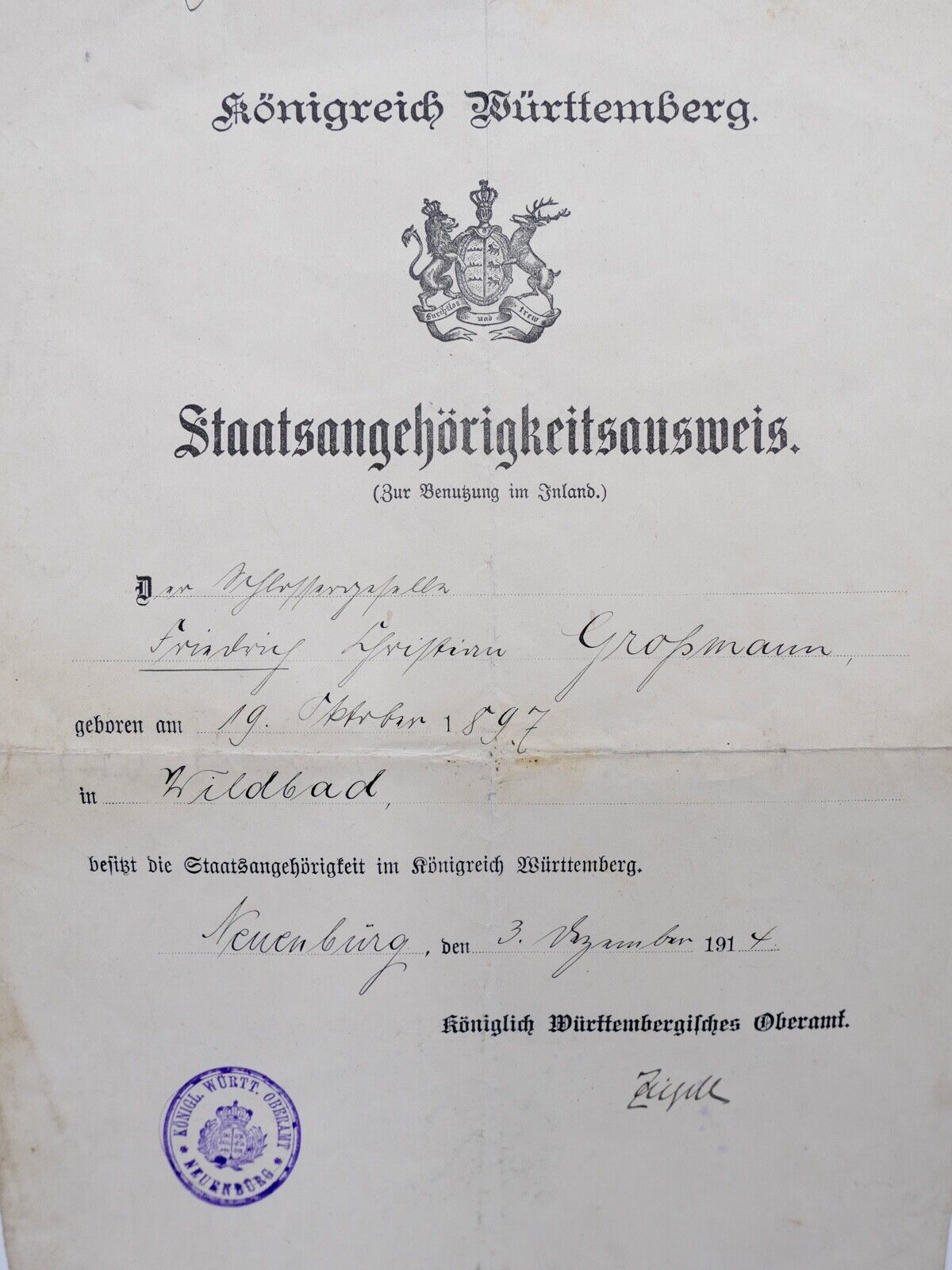 Königreich Württemberg Staatsangehörigkeitsnachweis 1914 - Antikhandel-Stuttgart