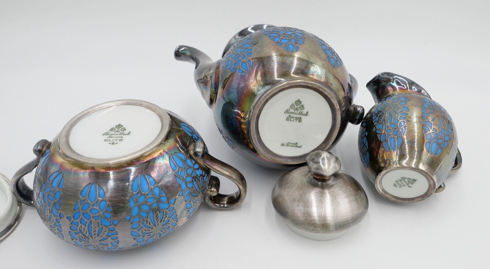 20er 30er Jahre ROSENTHAL Kaffe / Mokka Service versilbert Durchbruchmuster blau - Antikhandel-Stuttgart