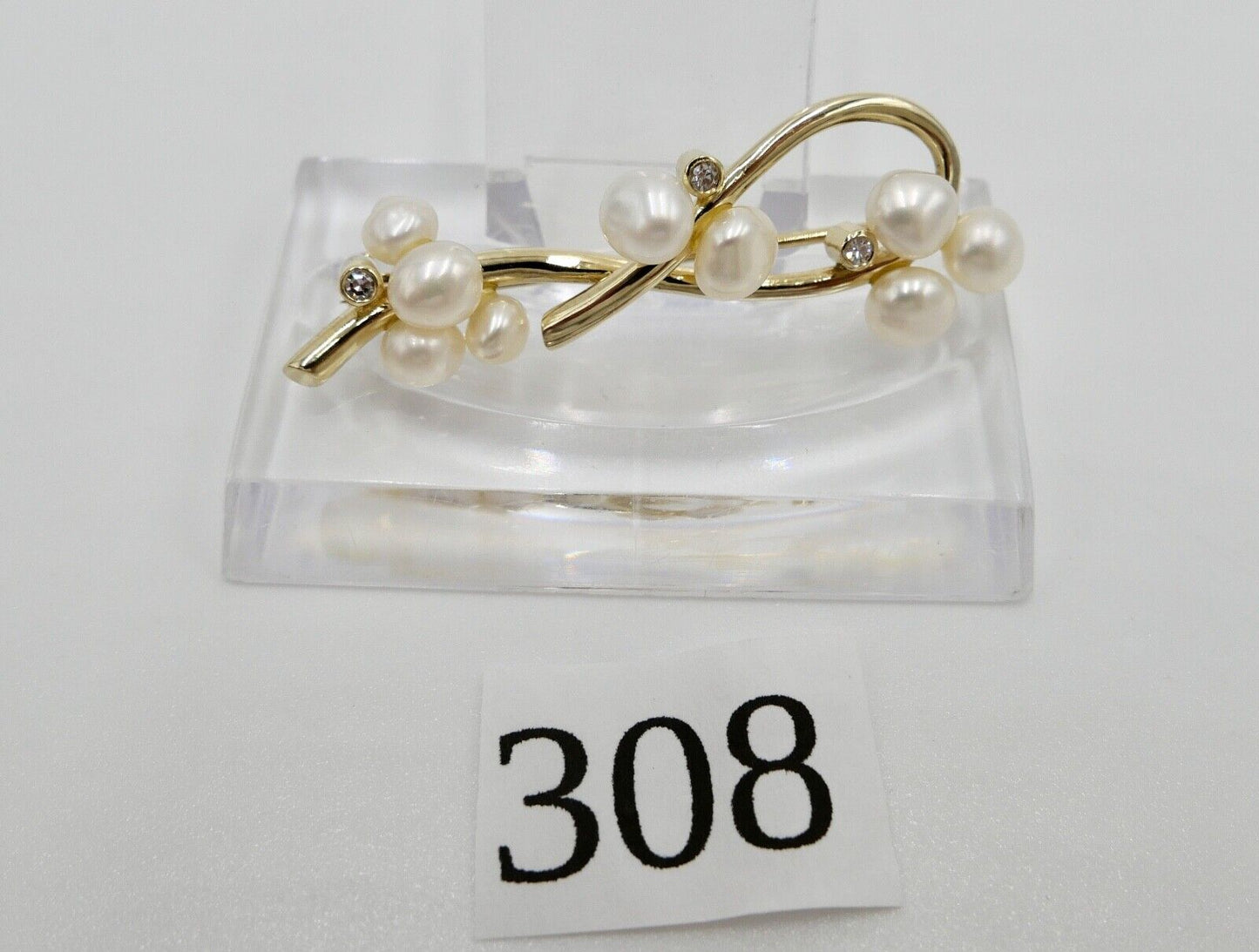 1980er Jahre Gold Perlen Diamant Brosche 585 14K HGA 46 mm - Antikhandel-Stuttgart