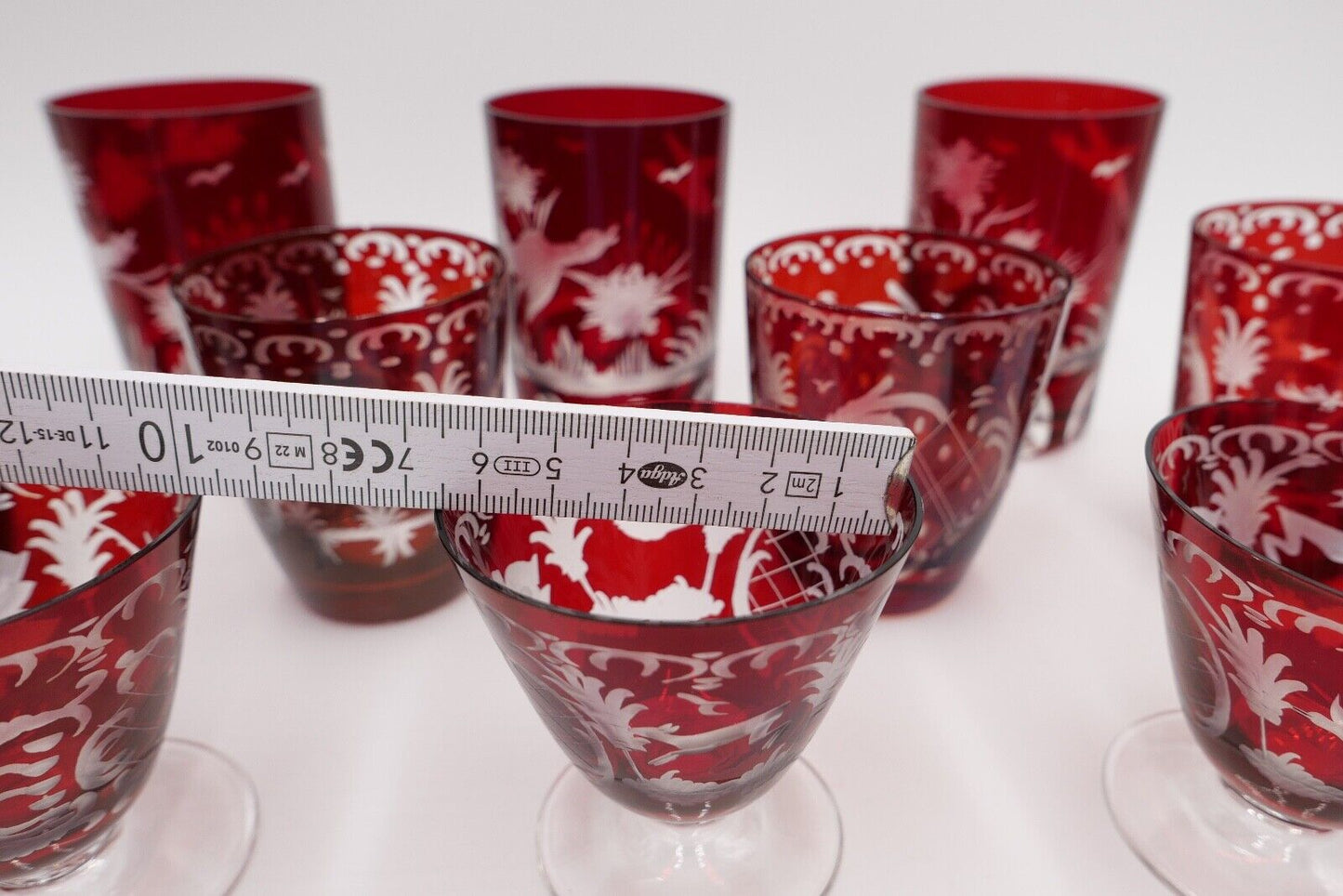 11x Jugendstil Gläser rubinrot Becher Glas EGERMANN Tierwelt um 1900 - Antikhandel-Stuttgart