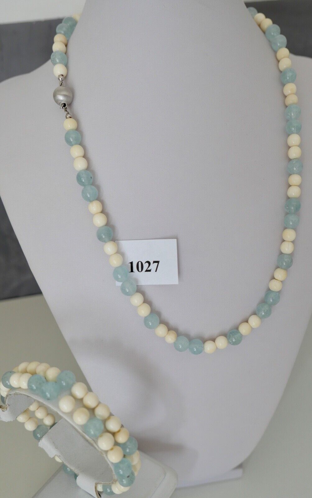 SET 3 Teilig Armband & Kette 55 cm Bein & Aquamarin 585 / 14K Gold - Antikhandel-Stuttgart