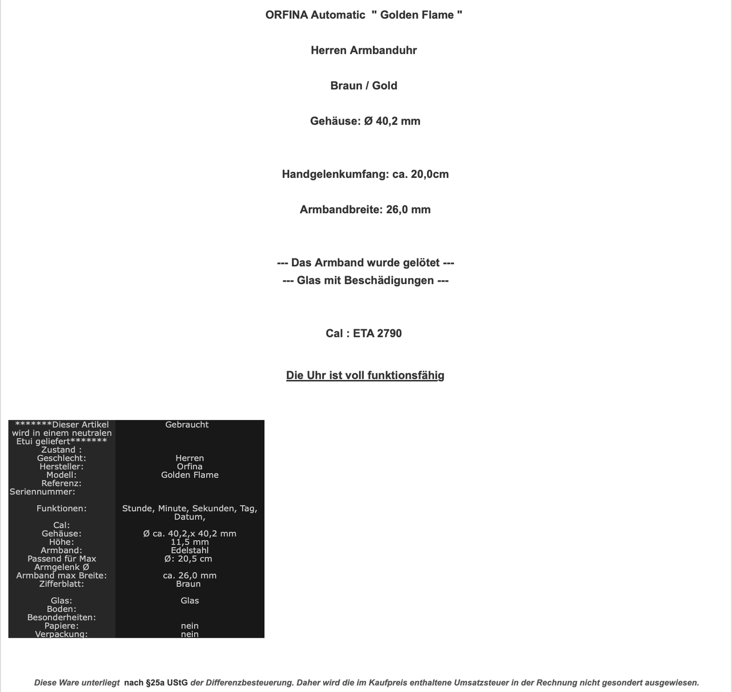 ORFINA " Golden Flame " Automatic Herren Armbanduhr Gold 40,2 mm ETA 2790 - Antikhandel-Stuttgart