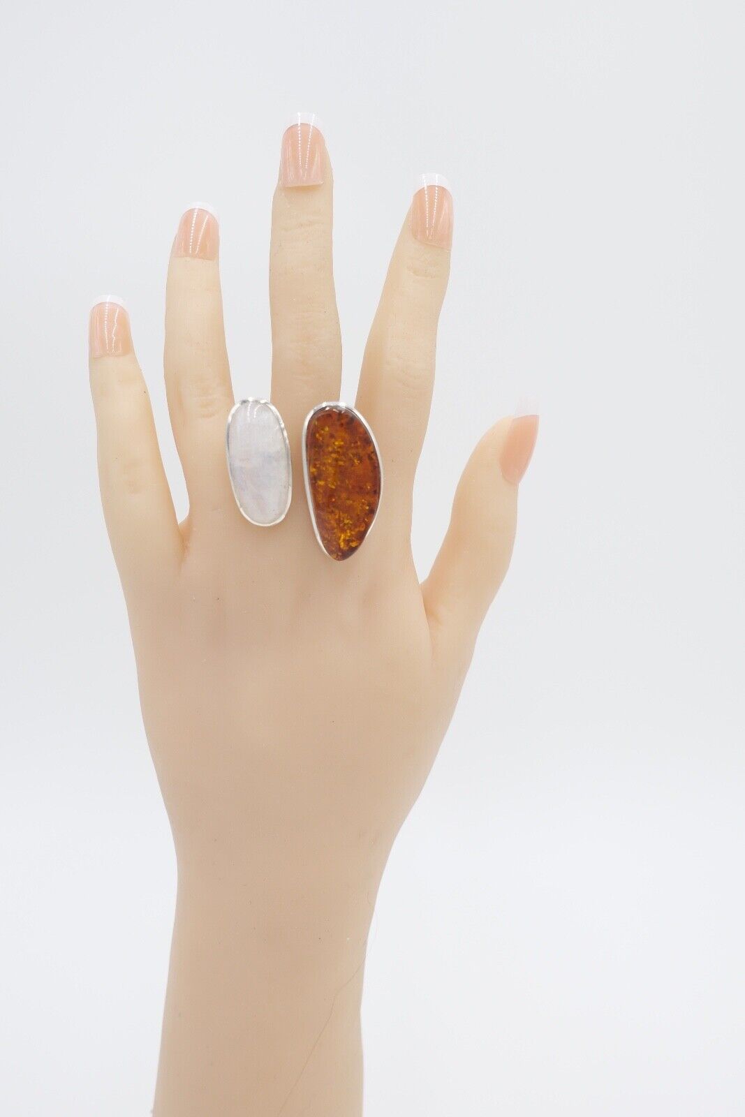 80er Jahre Designer Ring Bernstein & Mondstein Silber 925 Größe 60 verstellbar - Antikhandel-Stuttgart